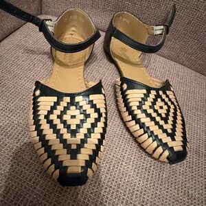 Authentic Mexican hurache Woven Two-Tone leather Ankle-Strap Women’s Flats -